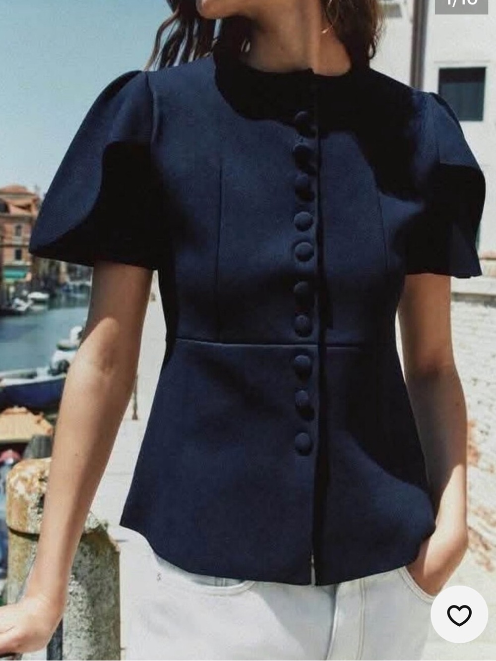 Zara Navy Short-Sleeve Buttoned Peplum Jacket